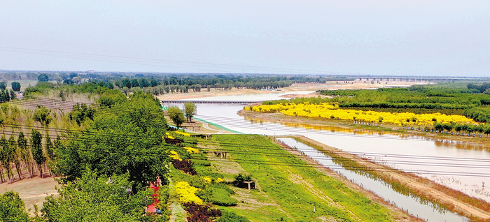     ▶全线通水期间，永定河廊坊段呈现水清岸绿的生态美景。    永定河流域投资有限公司供图