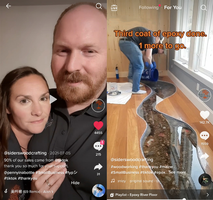 　　图左为布鲁斯夫妇向网友们表示感谢，图右为布鲁斯在地板上创造“小溪”