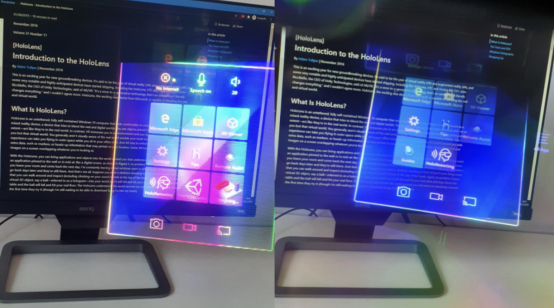 对比右图的几何光波导，左图采用衍射光波导的AR眼镜所出现的彩虹色散问题