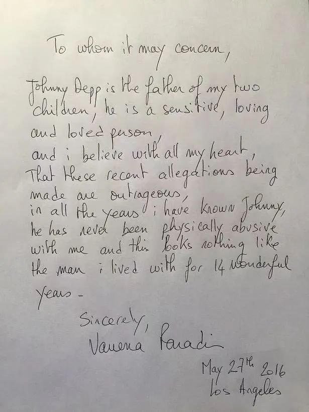 凡妮莎的手写声明