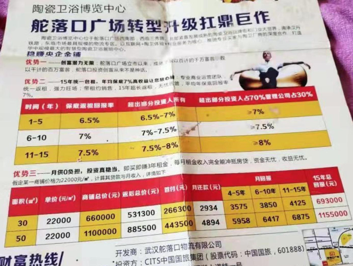 部分购房人称，开发商出售商铺时，项目宣传单上写着“15年统一包租”字样。受访者供图