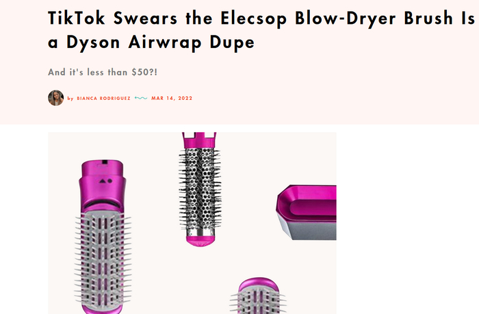 TikTok销售山寨戴森引起争议&nbsp; 图源：cosmopolitan报道截图&nbsp;&nbsp;