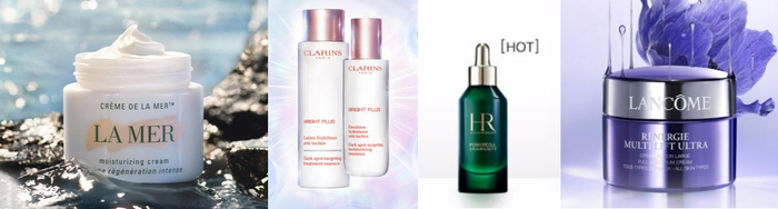 　　海蓝之谜精华面霜、娇韵诗焕白水乳套装、HR赫莲娜绿宝瓶修护精华、兰蔻塑颜紧致面霜