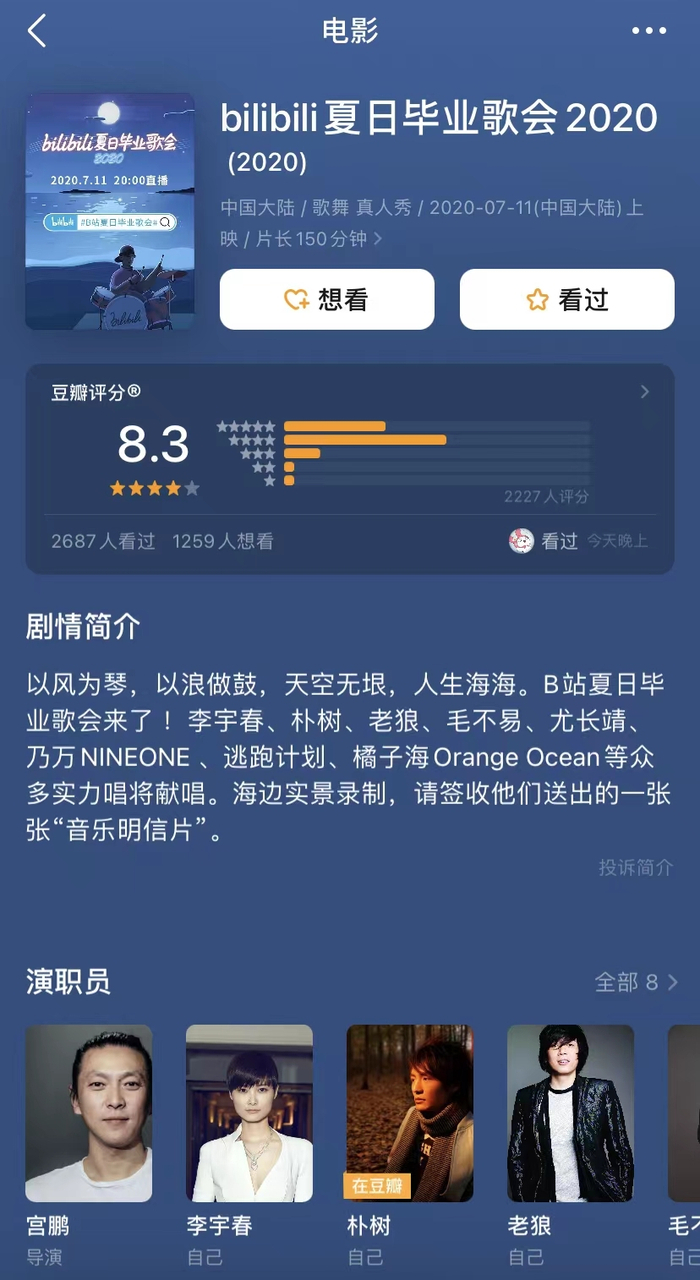 《bilibili夏日毕业歌会2020》豆瓣评分达8.3分 图片来源：豆瓣