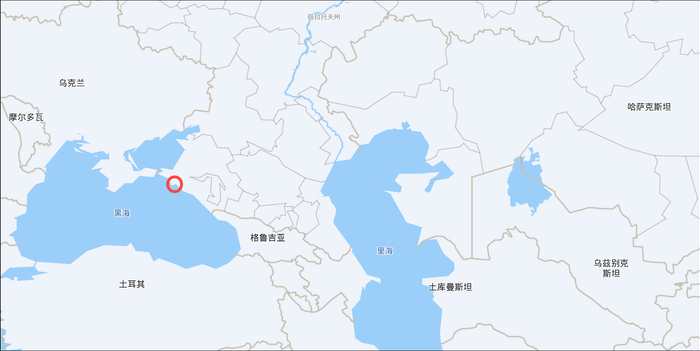 新罗西斯克港口地理位置，它位于俄罗斯黑海沿岸，是里海管道联盟输油线的西部终点（百度地图）