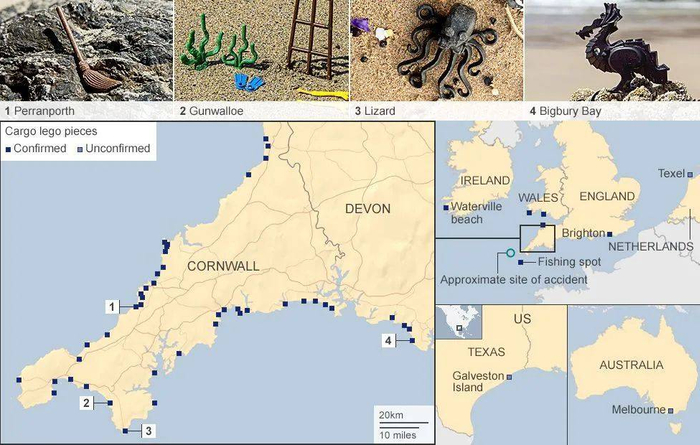 部分乐高发现地点示意图，图片来源：BBC