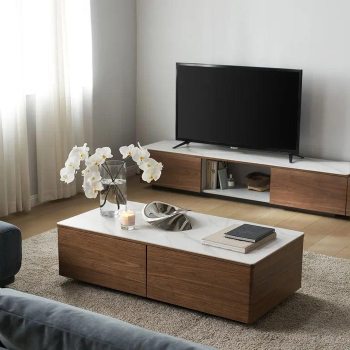 　　● 贝壳岩板电视柜茶几组合，理石白