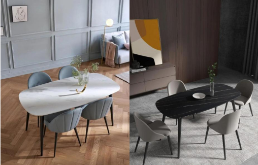 　　● 贝壳岩板餐桌：礁石黑&理石白 双色可选