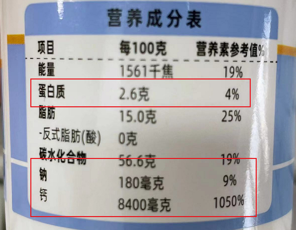 ▲ 营养成分实拍图：含钙丰富