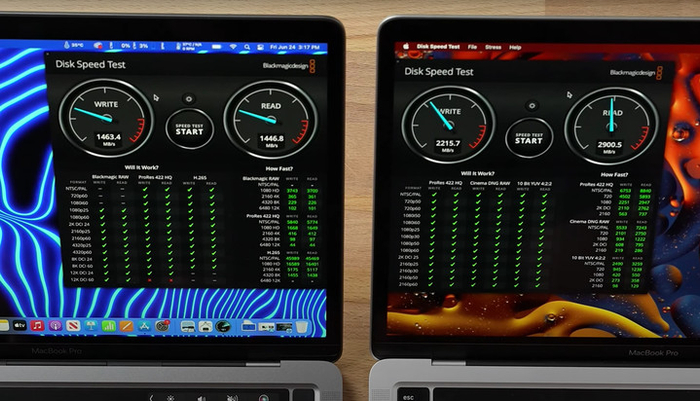 ▲ 左：M2 MacBook Pro，右：M1 MacBook Pro 图片来自：Max Tech