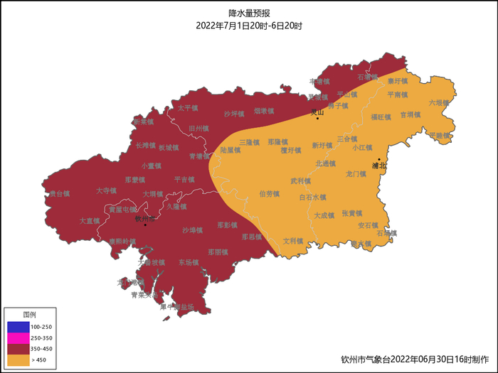 △钦州市7月1日20时-6日20时累计降雨量预报图
