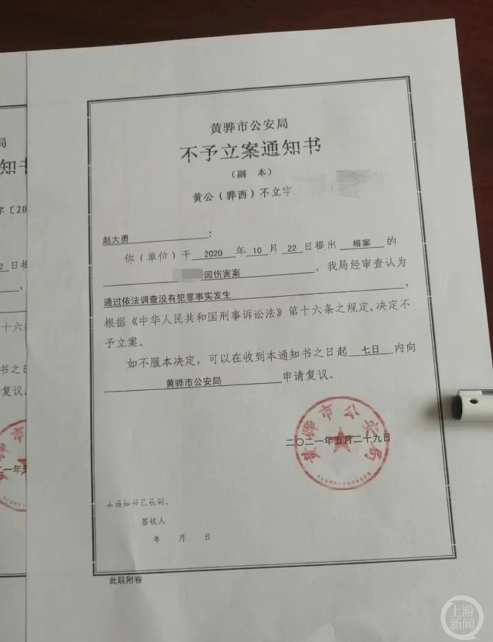 ▲赵大勇报案后，隔了半年多收到了不予立案通知书。图片来源/受访者供图