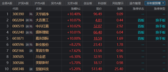 注：今日半年报预增概念股表现（截止7月1日收盘）