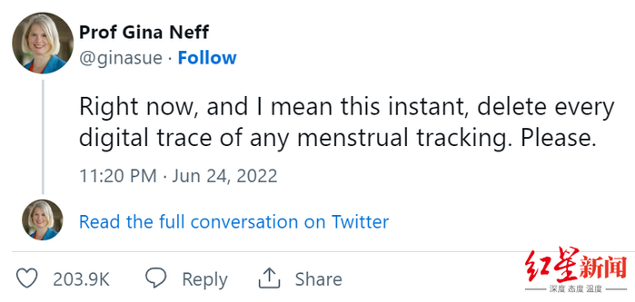 ▲呼吁女性卸载生理期跟踪程序的帖子受到逾20万人点赞