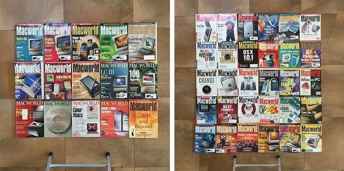 Jacek 的《MacWorld》杂志收藏. 图片来自：Facebook @Apple Muzeum Polska