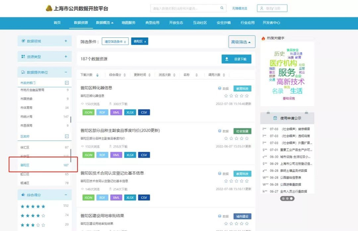 图说：上海市公共开放数据平台上普陀区子栏目入口界面