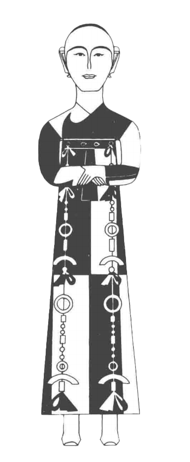 图二 江陵武昌义地楚墓出土偏衣俑（孙机：《华夏衣冠 中国古代服饰文化》，上海古籍出版社 , 2016年，第156页）