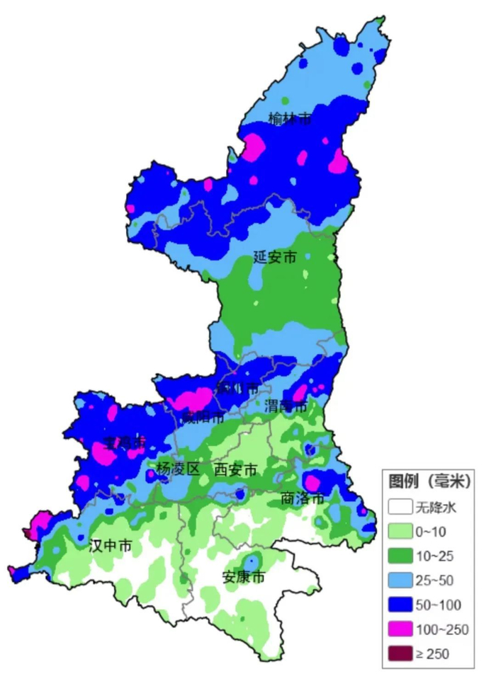 图为7月10日12时至13日12时陕西全省累计降雨情况 