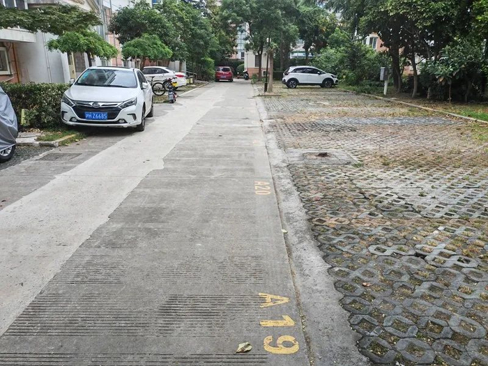 △固定车位空荡荡，绿化带却挤满了车。