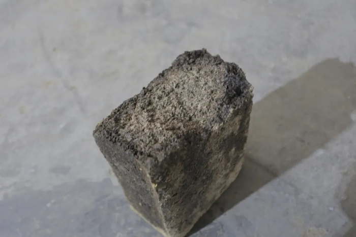 ▲高温曲剖面。以小麦为原料制成，储存6个月后粉碎使用。在储存的过程中，新曲的杂味消失，变成纯正的曲香味，味更正。