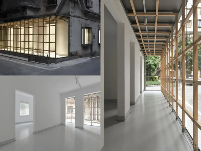 木材杆件搭建了一个网状结构，仿佛一个滤网，将艺术空间与社区轻轻分隔开。/火柴盒艺术空间MAS供图