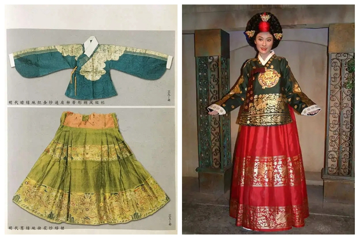 孔府明代汉服文物（左）与韩剧中宫廷礼服（右）