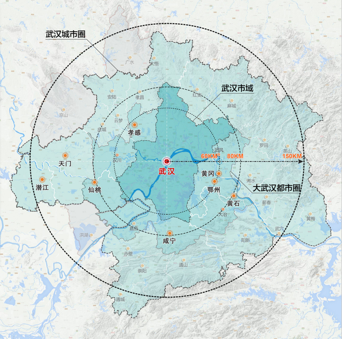 武汉城市圈范围图 图源：《武汉市国土空间总体规划（2021-2035年）》草案 