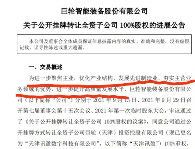 　　全资子公司转让公告（来源：巨轮智能2021年12月31日公告）