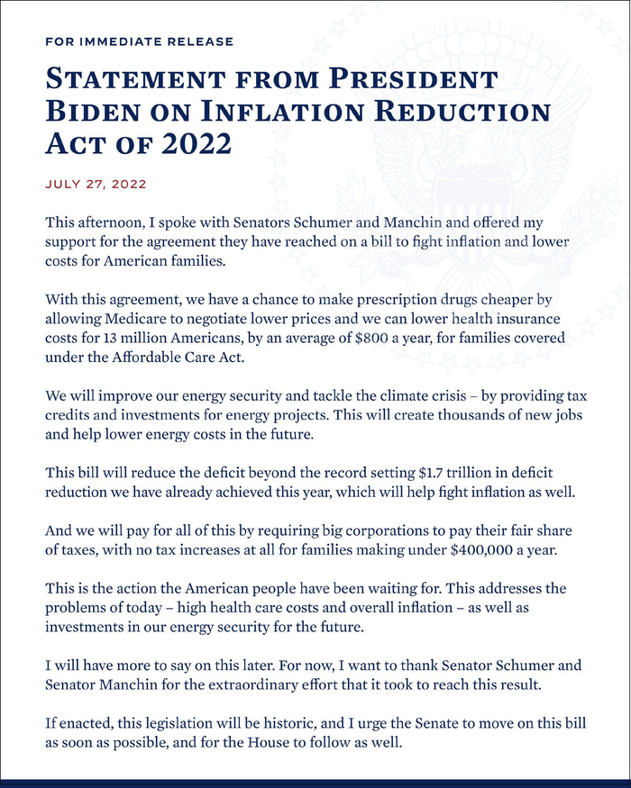 拜登就“2022年通胀削减法案”声明