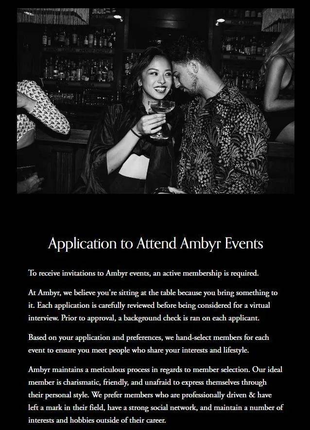“Ambyr Club”以线下交友活动和严格的入选门槛作为其最大的卖点 | 图片来源：Ambyr Club