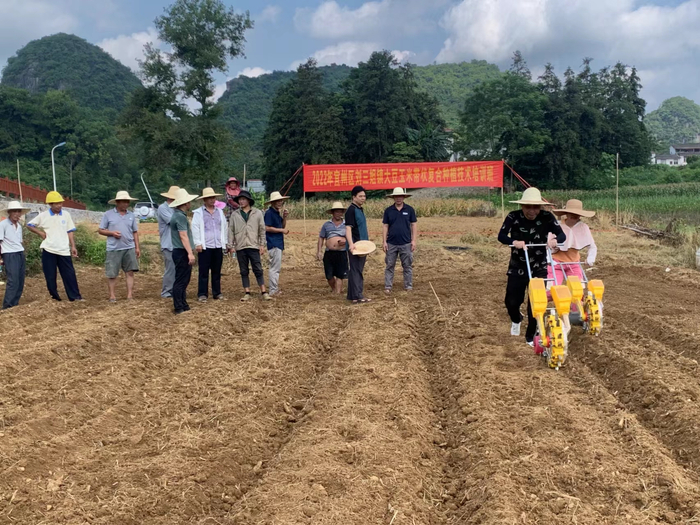 图为河池市宜州区刘三姐镇大豆玉米带状复合种植培训班现场