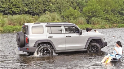     奉化区溪口镇沙地村旁剡溪边的一处河滩，汽车从戏水游客身边开过。 记者 鲁威 摄