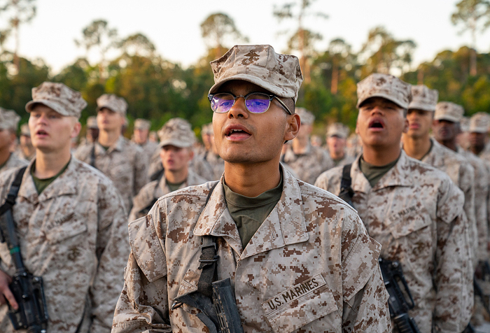 3月26日，美国南卡罗来纳州帕里斯岛，美国海军陆战队新兵正在进行一场为期12周的严酷演习。图源：视觉中国