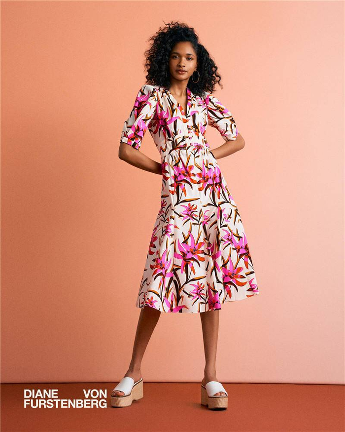 DVF MELISSA DRESS 象牙白/玫瑰粉紫栀子花图案连衣裙