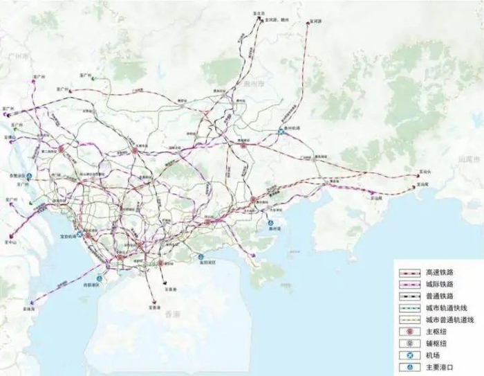 深圳都市圈轨道交通结构指引图。来源：《广东省都市圈国土空间规划协调指引》