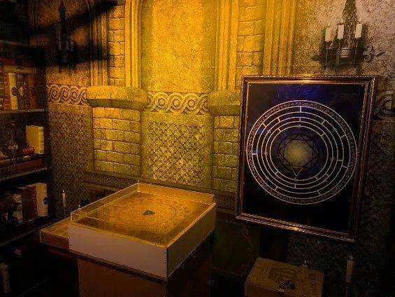 某著名密室中的主题场景，拼贴了各种带有神秘感的符号