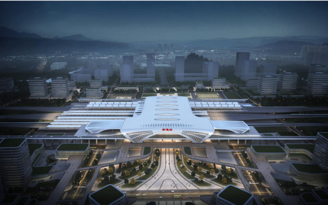 南通火车站客运枢纽核心区夜景（站房设计单位提供）