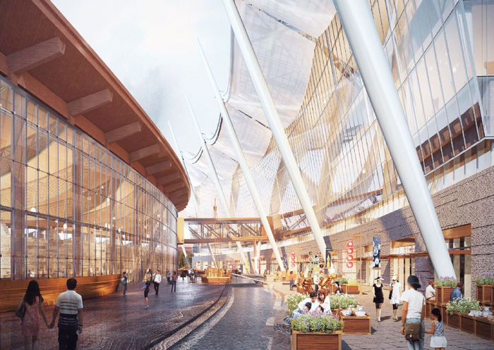 首博东馆由观众共享大厅和主楼两座单体建筑组成，中间设有一条水街，形成一幅“古韵风帆”景观。（效果图）