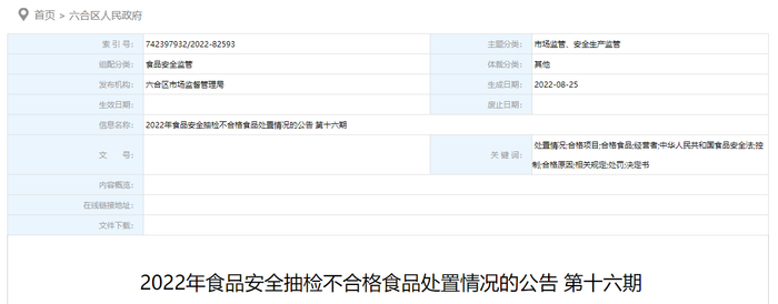 2022年食品安全抽检不合格食品处置情况的公告第十六期