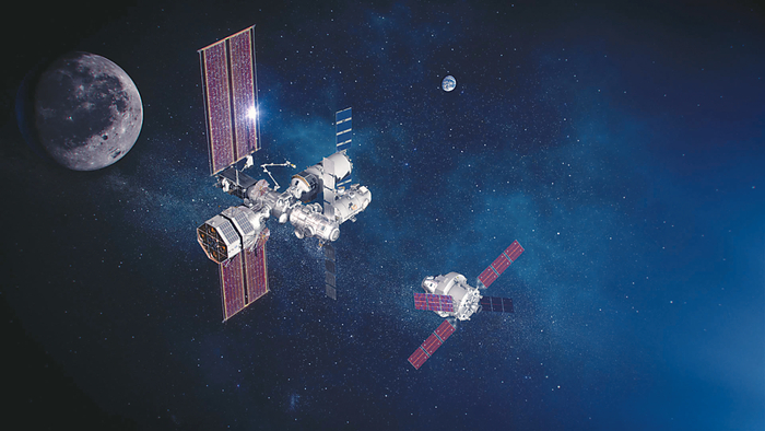 　“猎户座”飞船与“门户”空间站对接。