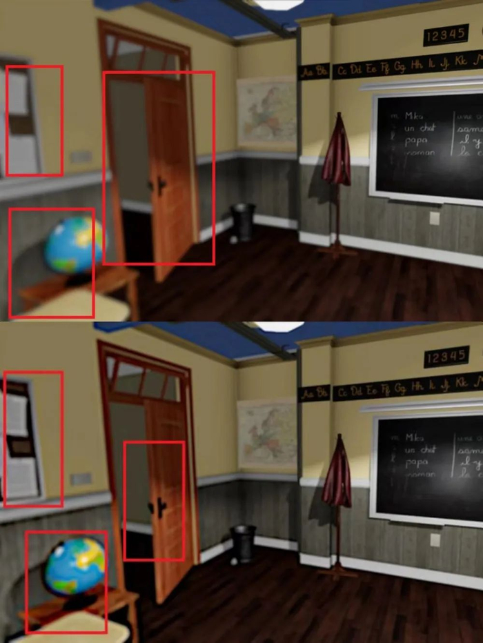 ▲上面是普通模糊处理的VR效果，下面是注视点渲染技术模糊效果