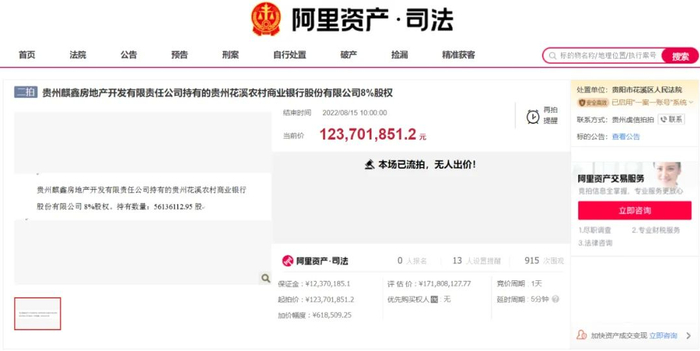 花溪农商行8%股权二拍流拍 截图来源：阿里司法拍卖