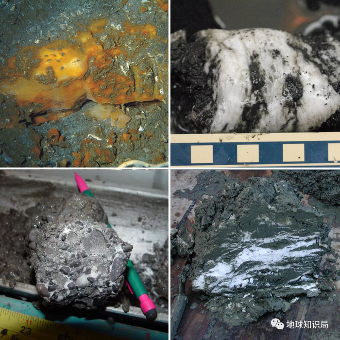 可燃冰形成条件十分复杂，在自然界往往呈现出多种形态（不同形态的可燃冰 图：USGS）