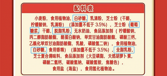 淘宝平台中一家网红进口饼干的配料表：白砂糖、葡萄糖浆、脱脂/全脂乳粉含有不同类型的“糖”