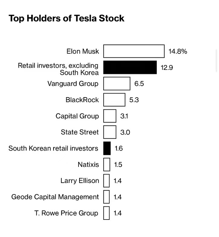 特斯拉“大股东”们的持股比例（图源：社交媒体）