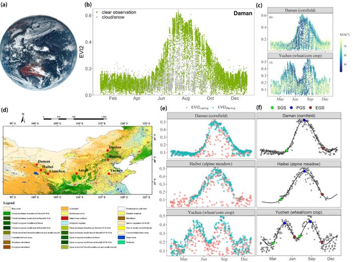 图2 （a） Himawari-8全圆盘影像；（b） H8/AHI在大满站点一年内有云和无云的观测；（c） H8/AHI在甘肃大满和山东禹城的年观测数据对应的太阳天顶角变化；（d）研究站点分布；（e）H8/AHI 不同日合成方法比较；（f） H8/AHI日合成数据在站点尺度上的关键物候参数提取效果 （Zhao et al． 2022）。