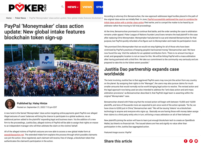 　　外媒报道JUSTDAO成为对PayPal集体诉讼的全球合作伙伴