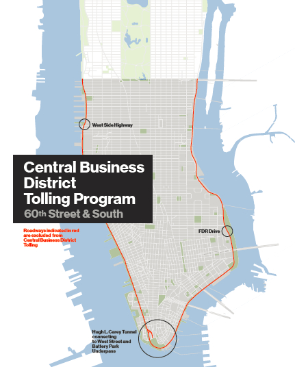  图为纽约大都会运输署提供的曼哈顿中央商务区通行费计划覆盖区域示意图