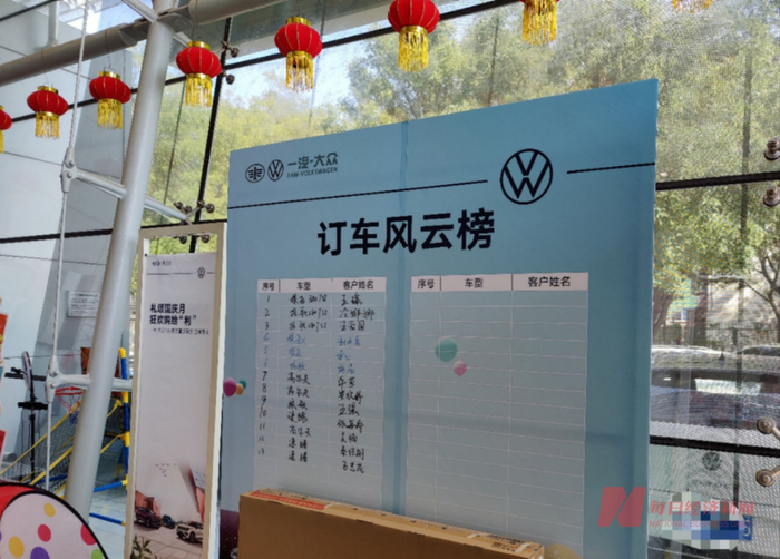 北京某大众4S店内的十一订车榜。（图片来源：每经记者 李硕 摄）