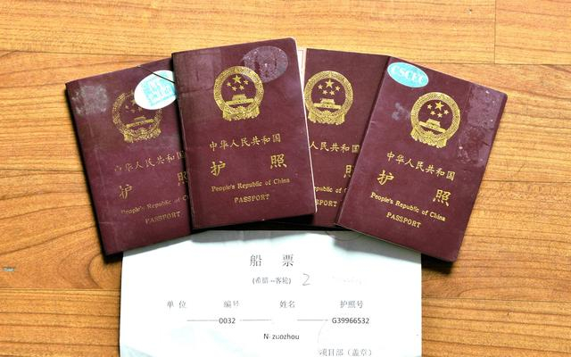 倪修龙和同事们的护照和临时船票。受访者供图